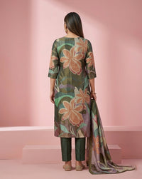 Olive Green Bold Floral V-Neck Embellished Kurta Set 2