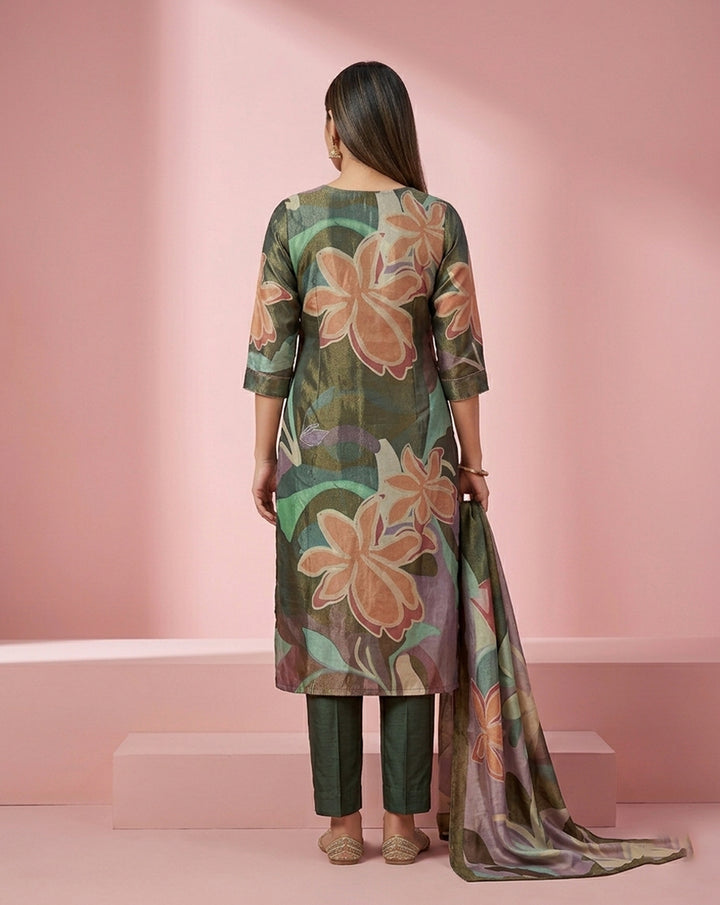Olive Green Bold Floral V-Neck Embellished Kurta Set