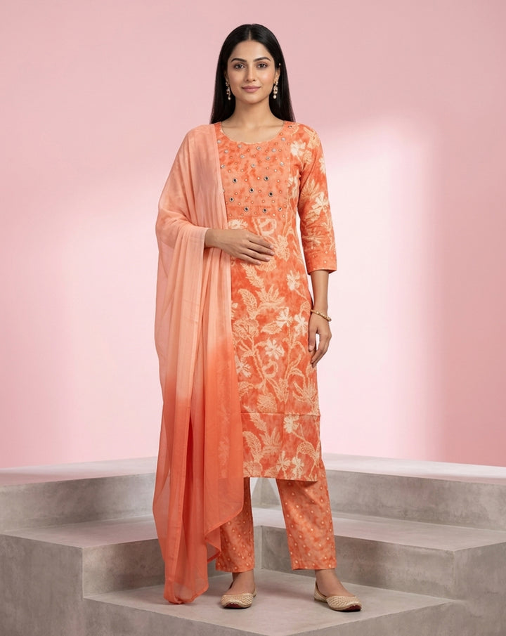 Peach "Sunset Glow" Printed &amp; Sequined Chanderi Kurta Set with Dupatta