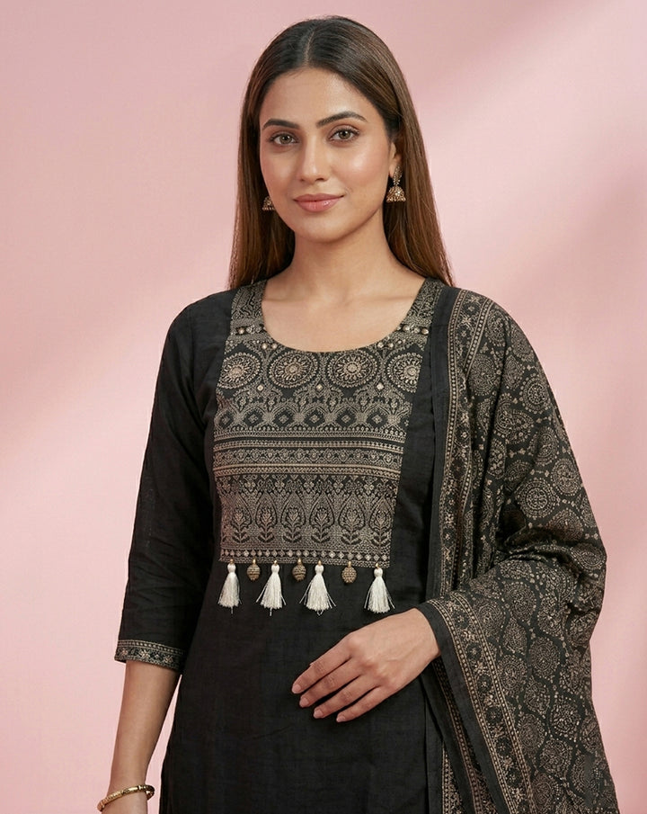 Black Silver Embroidered Tassel Straight Kurta Set