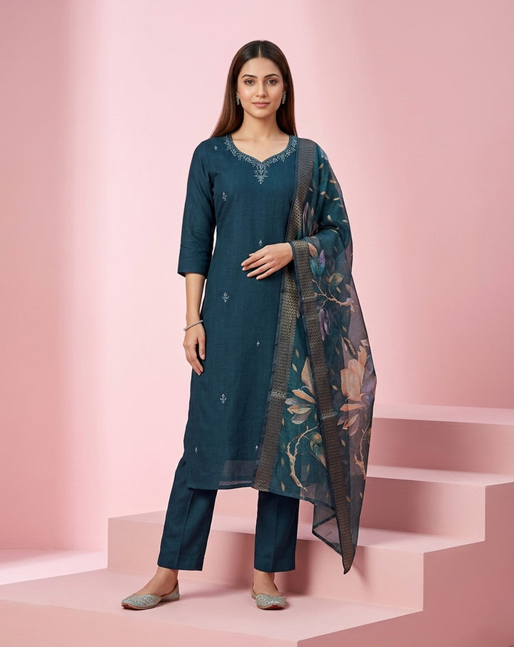Teal Buti Embroidered V-Neck Straight Kurta Set