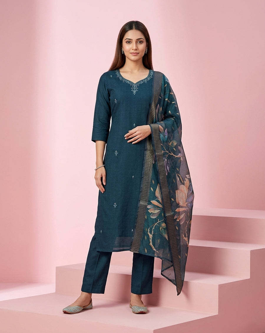 Teal Buti Embroidered V-Neck Straight Kurta Set