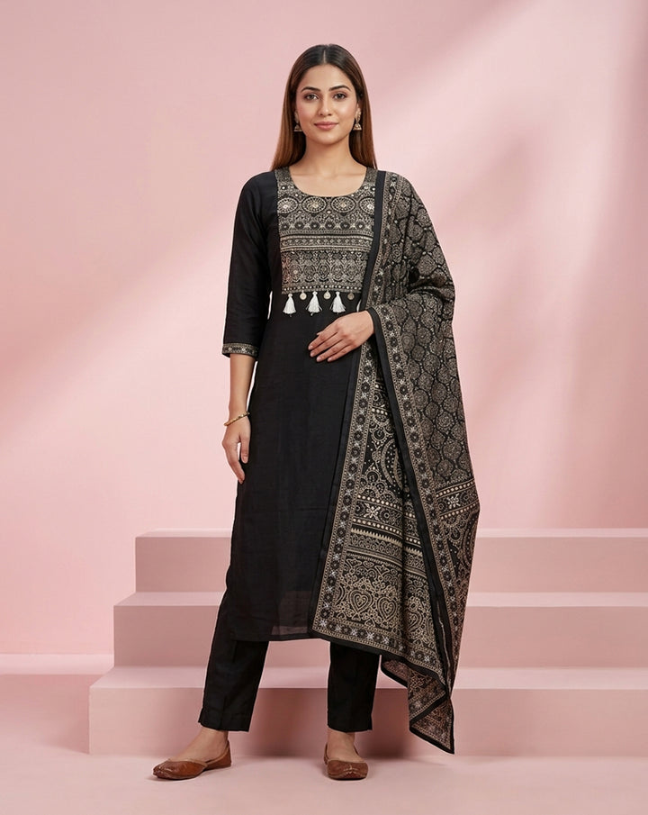 Black Silver Embroidered Tassel Straight Kurta Set