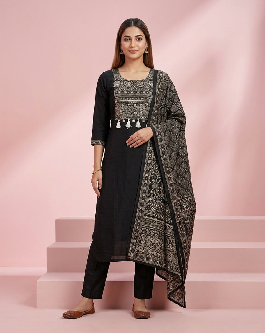 Black Silver Embroidered Tassel Straight Kurta Set