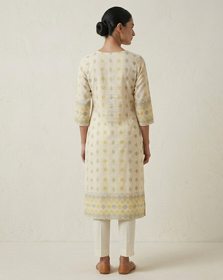Off-White &amp; Yellow Geometric Print Straight Kurti