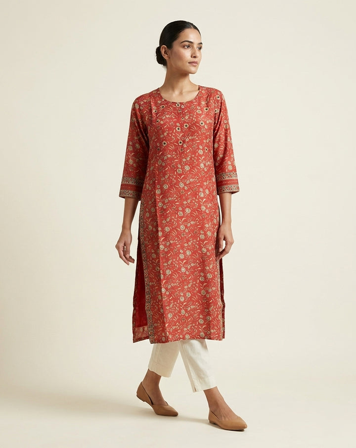 Crimson "Heritage" Floral Print Cotton Straight Kurta