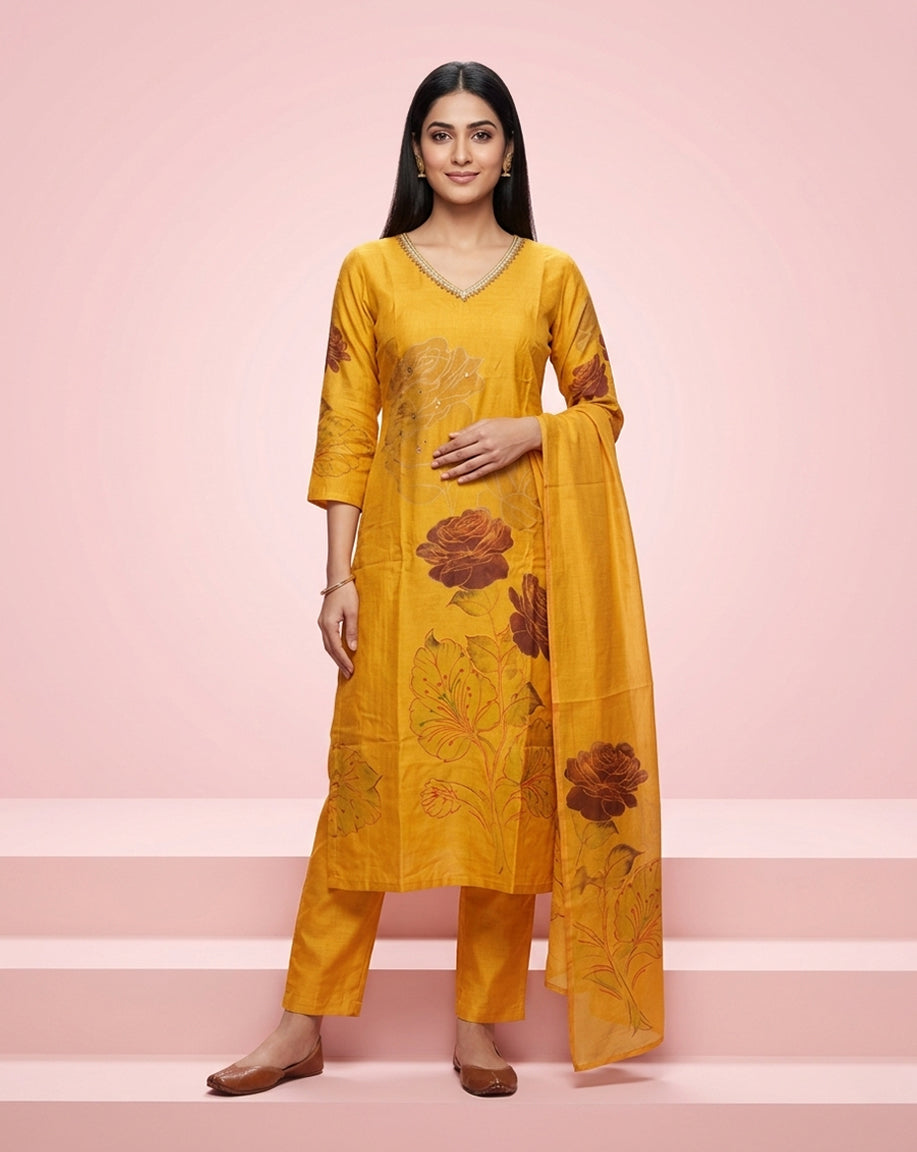Mustard Rose Floral Print V-Neck Embellished Kurta Set