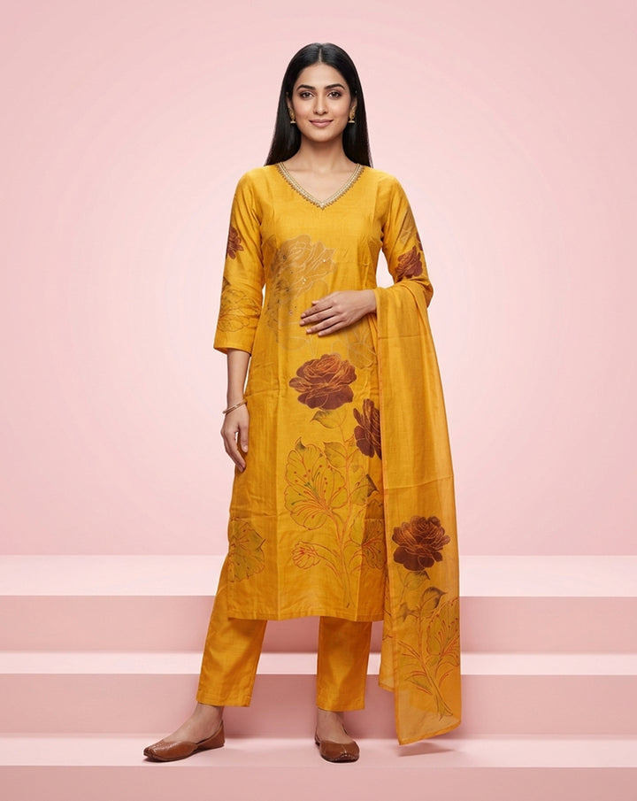 Mustard Rose Floral Print V-Neck Embellished Kurta Set