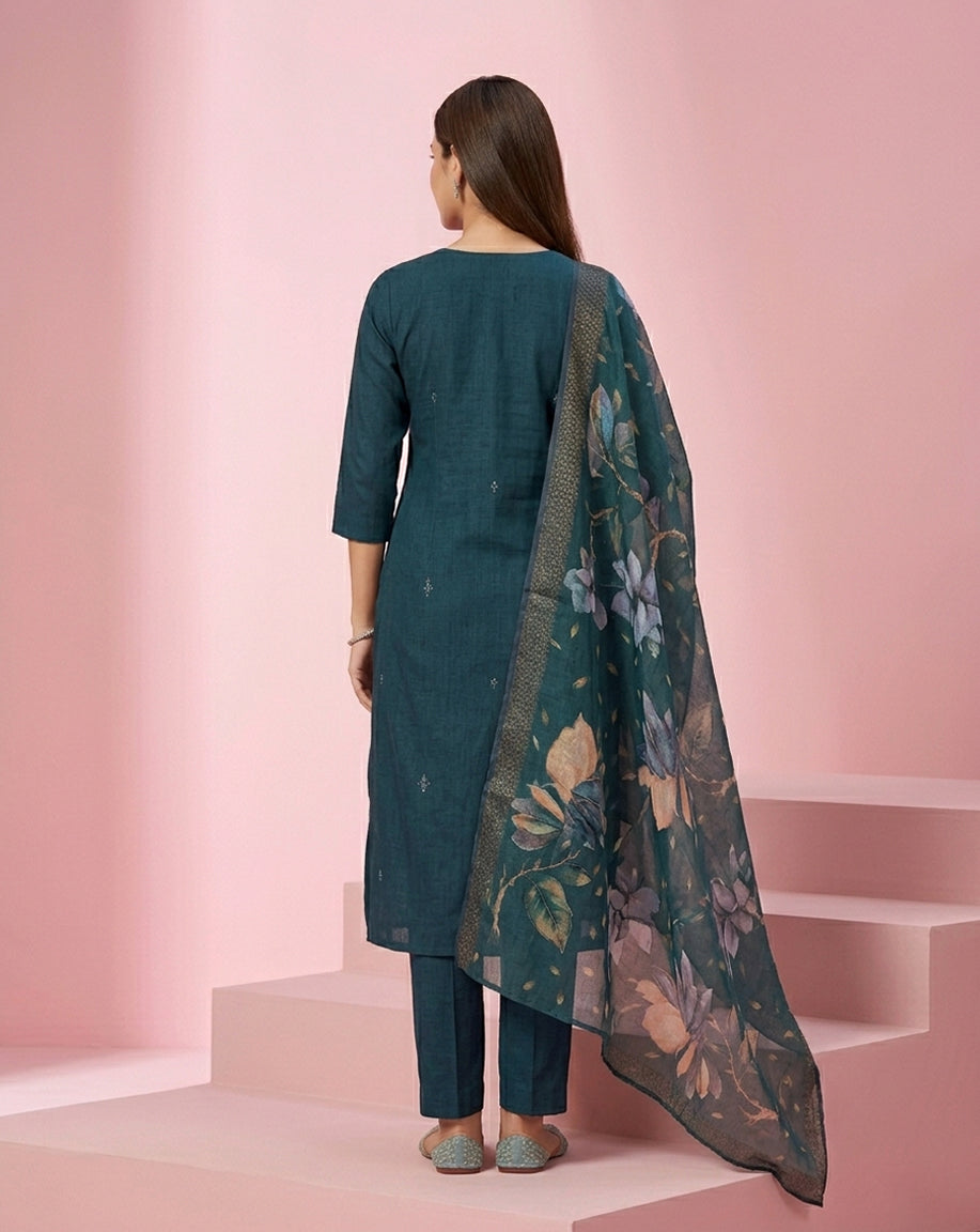 Teal Buti Embroidered V-Neck Straight Kurta Set