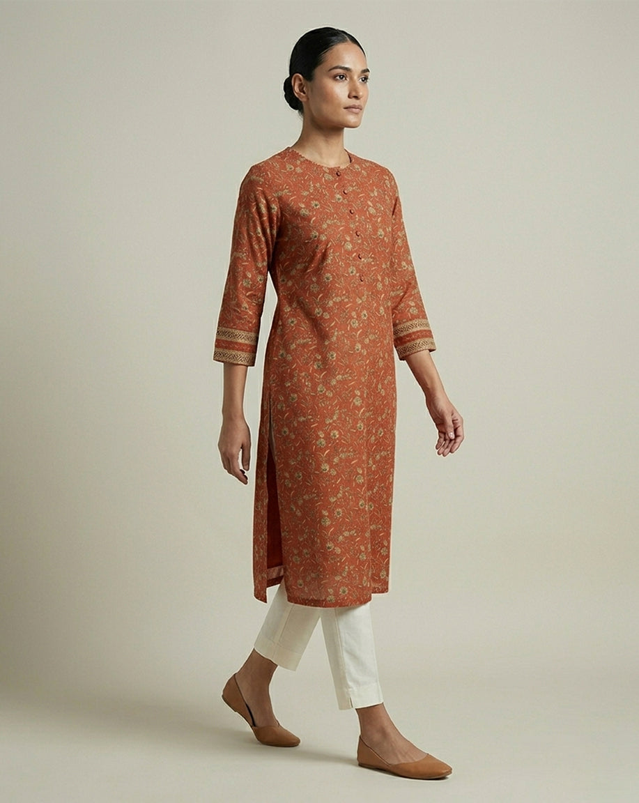 Crimson "Heritage" Floral Print Cotton Straight Kurta