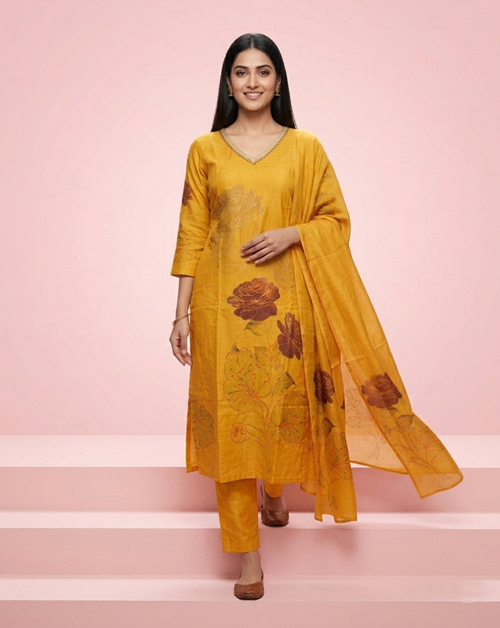 Mustard Rose Floral Print V-Neck Embellished Kurta Set