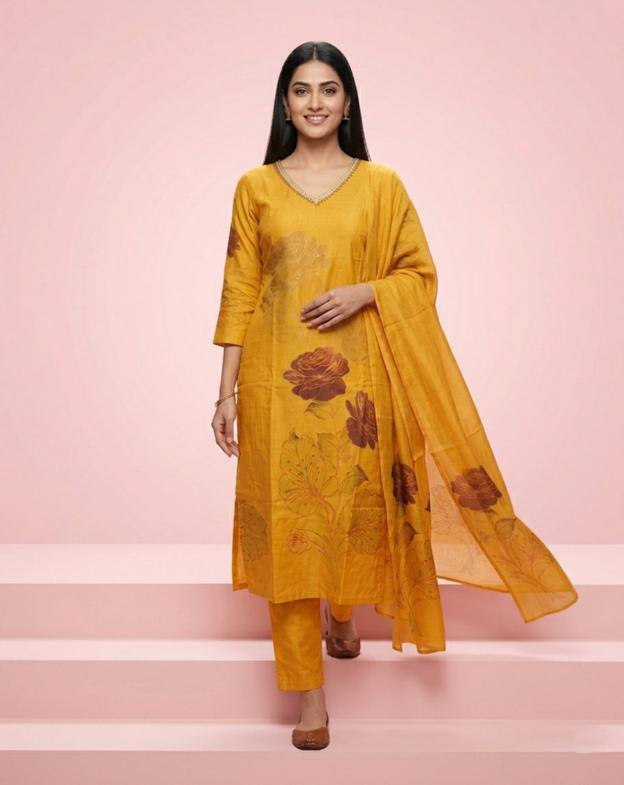 Mustard Rose Floral Print V-Neck Embellished Kurta Set