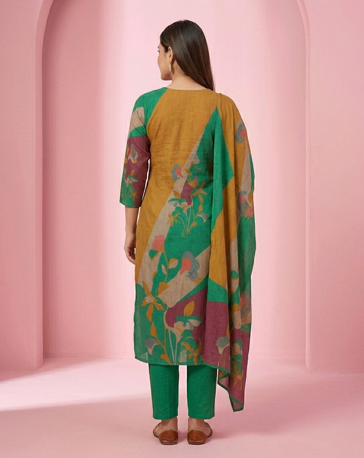 Green Mustard Colour-Block Bold Floral Kurta Set