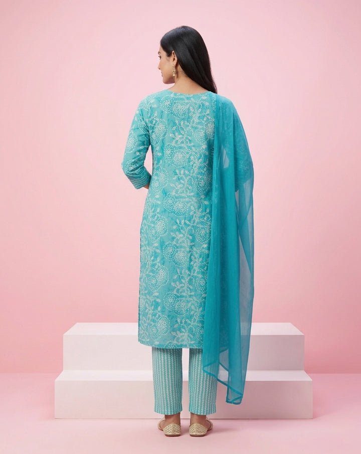 Turquoise Blue "Ocean Breeze" Printed &amp; Embroidered Cotton Kurta Set with Dupatta