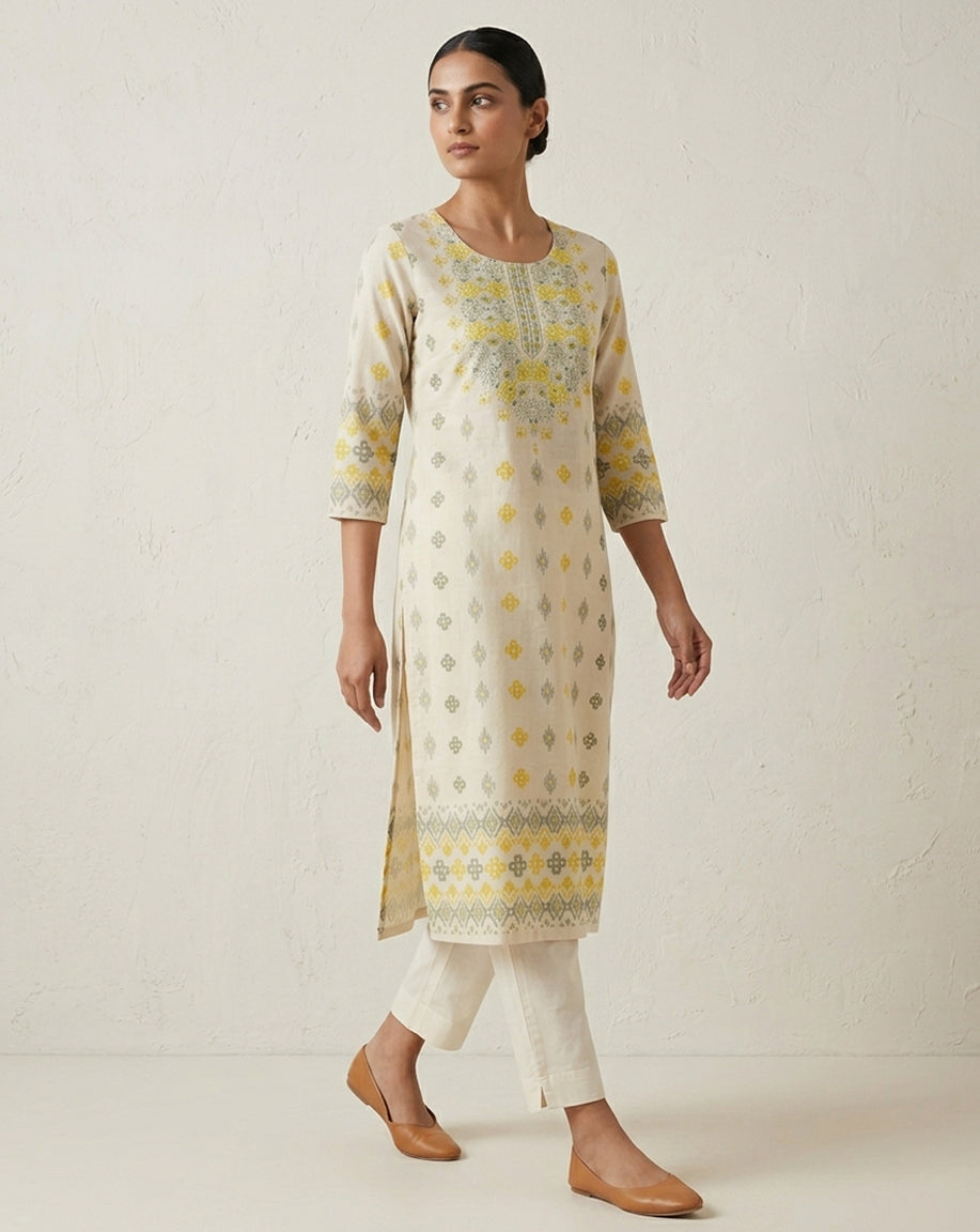 Off-White &amp; Yellow Geometric Print Straight Kurti