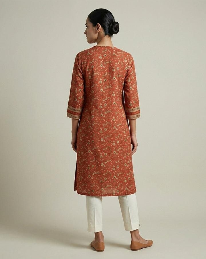 Crimson "Heritage" Floral Print Cotton Straight Kurta