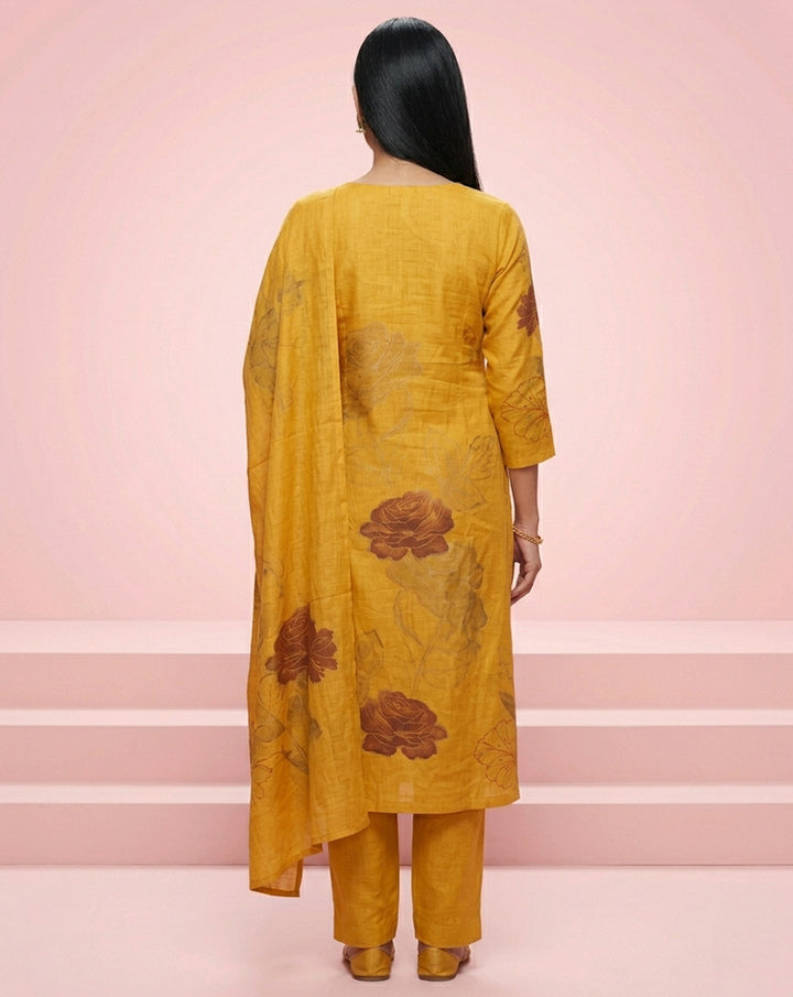 Mustard Rose Floral Print V-Neck Embellished Kurta Set