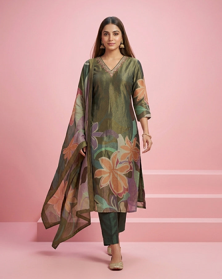 Olive Green Bold Floral V-Neck Embellished Kurta Set
