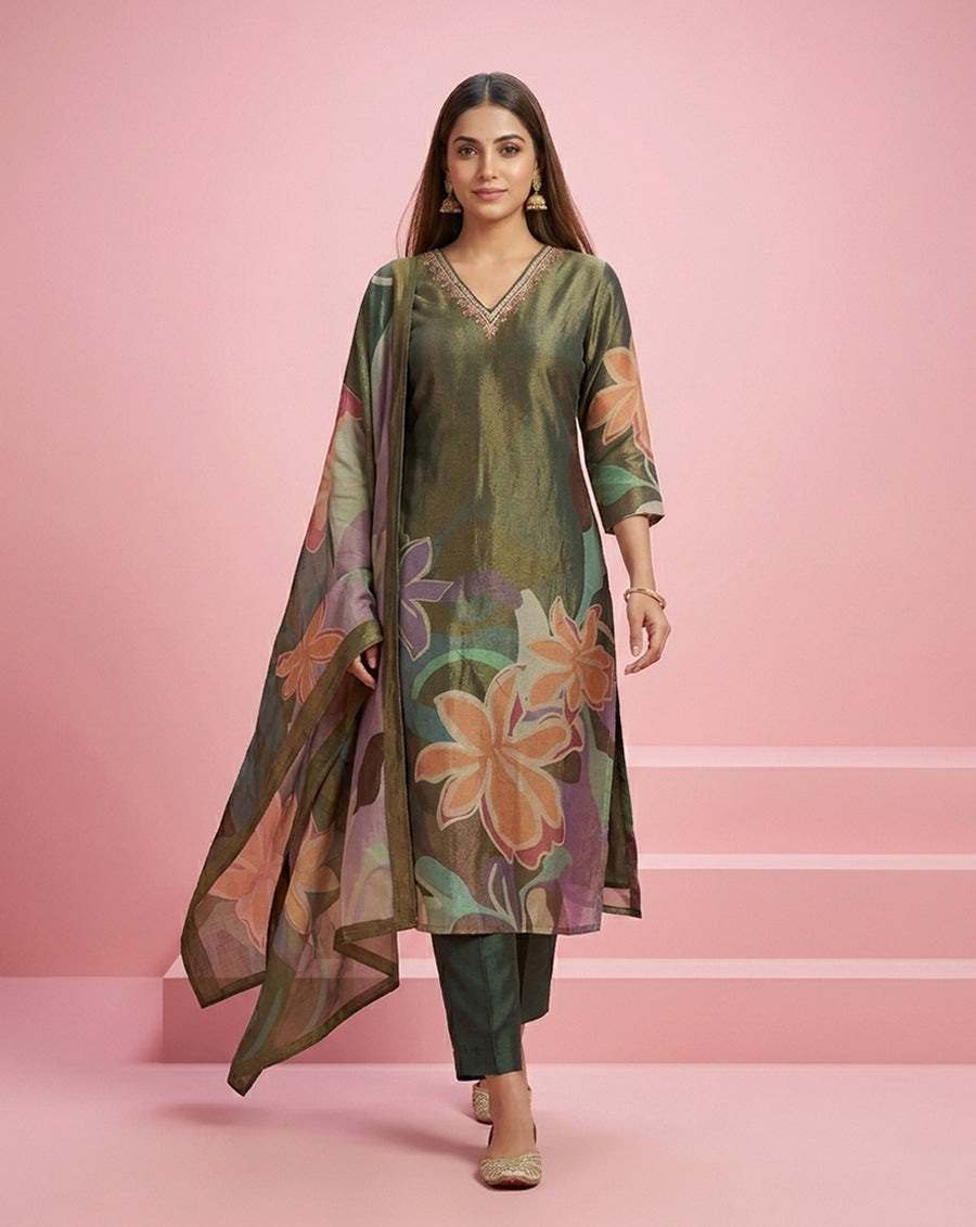 Olive Green Bold Floral V-Neck Embellished Kurta Set