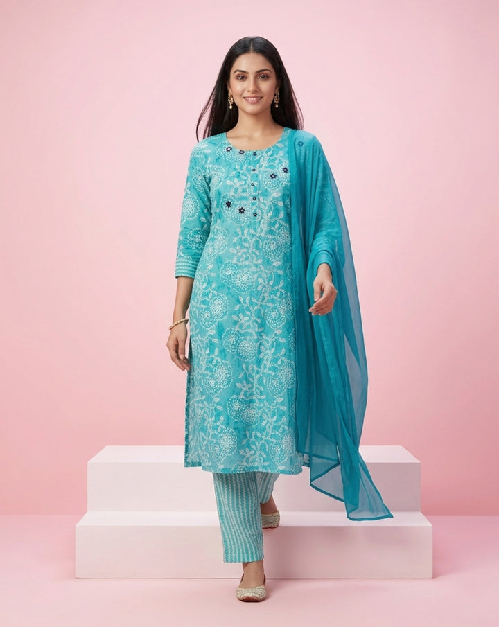 Turquoise Blue "Ocean Breeze" Printed &amp; Embroidered Cotton Kurta Set with Dupatta