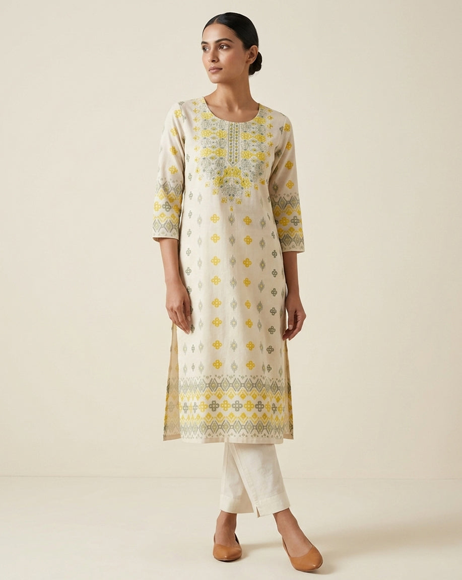 Off-White &amp; Yellow Geometric Print Straight Kurti
