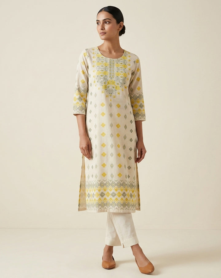 Off-White &amp; Yellow Geometric Print Straight Kurti