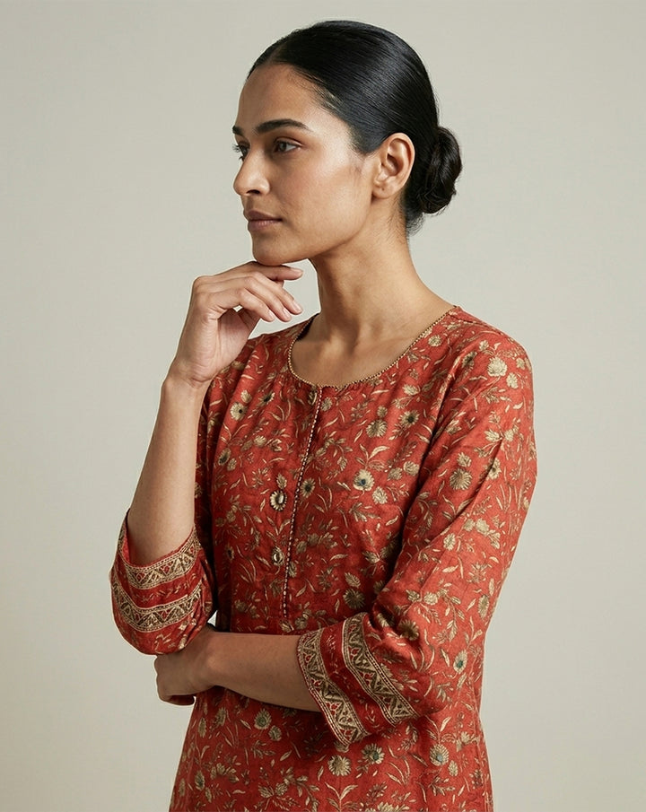 Crimson "Heritage" Floral Print Cotton Straight Kurta
