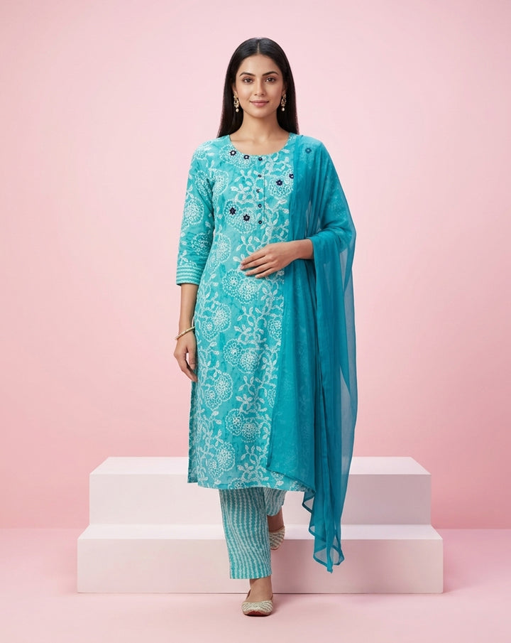 Turquoise Blue "Ocean Breeze" Printed &amp; Embroidered Cotton Kurta Set with Dupatta