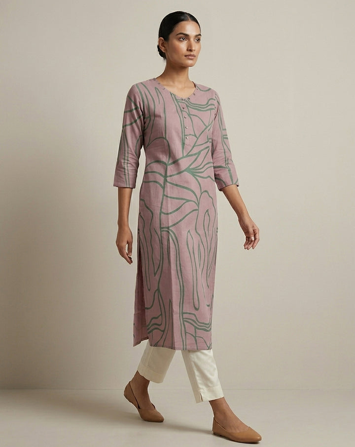 Mauve &amp; Olive Green Abstract Line Art Straight Kurti