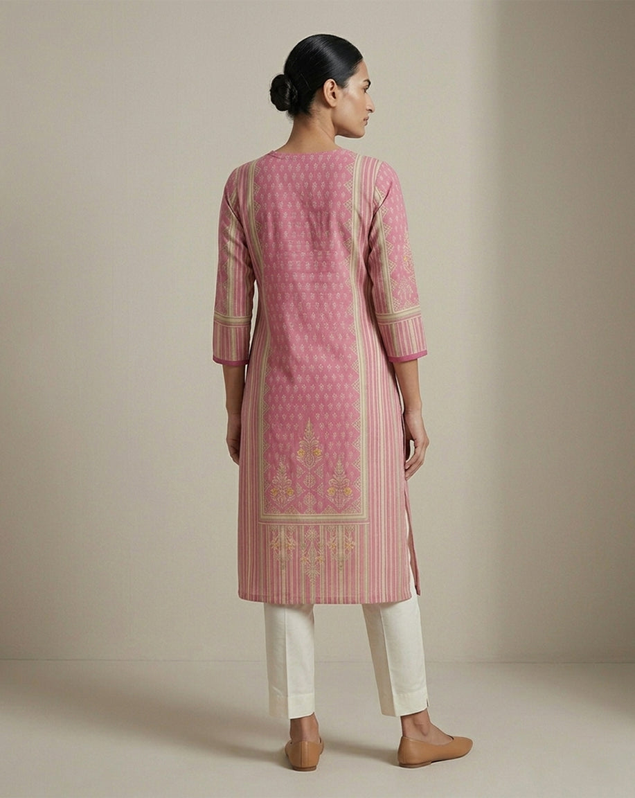 Pink "Vibrant" Floral Striped Cotton Straight Kurta