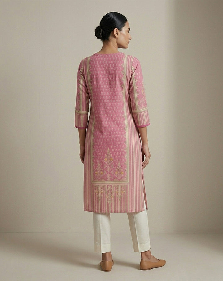 Pink "Vibrant" Floral Striped Cotton Straight Kurta