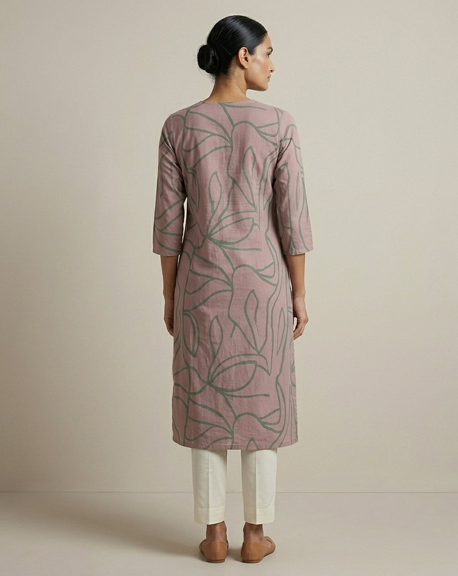 Mauve &amp; Olive Green Abstract Line Art Straight Kurti