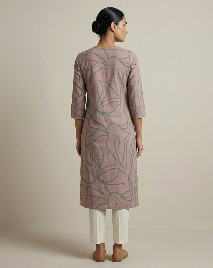 Mauve &amp; Olive Green Abstract Line Art Straight Kurti