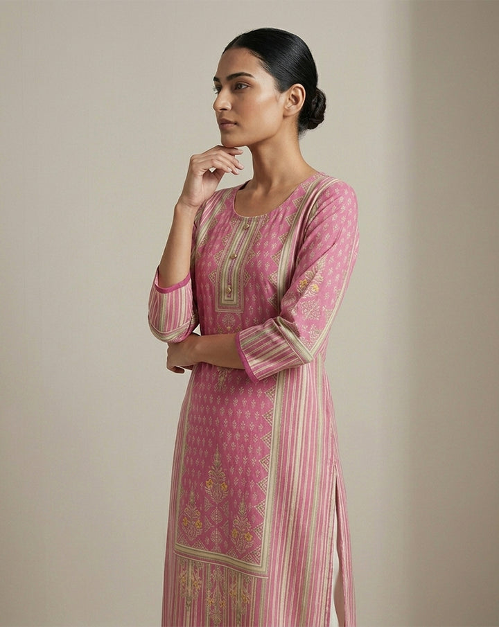 Pink "Vibrant" Floral Striped Cotton Straight Kurta