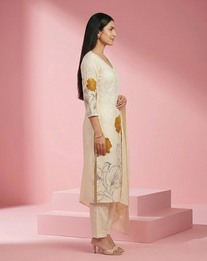 Cream Gold Rose Floral V-Neck Straight Kurta Set