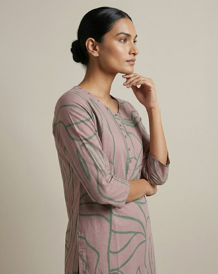 Mauve &amp; Olive Green Abstract Line Art Straight Kurti