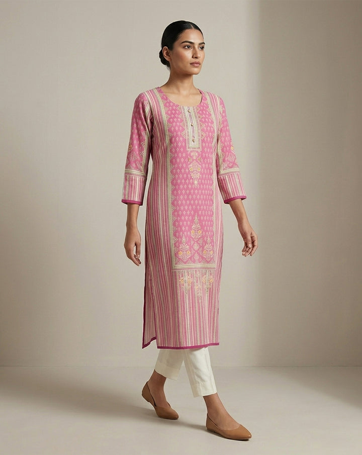 Pink "Vibrant" Floral Striped Cotton Straight Kurta