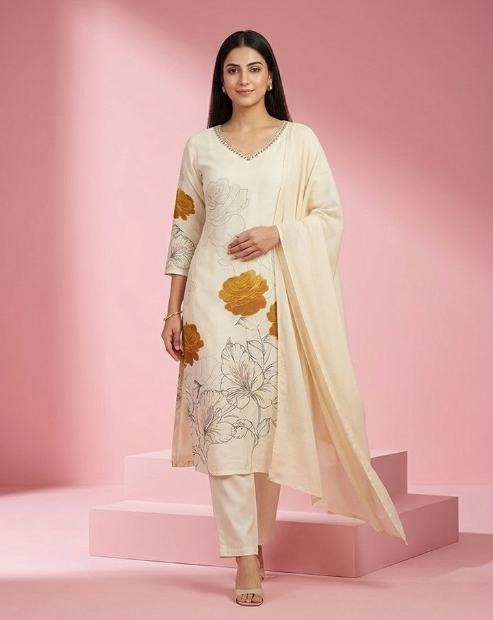 Cream Gold Rose Floral V-Neck Straight Kurta Set