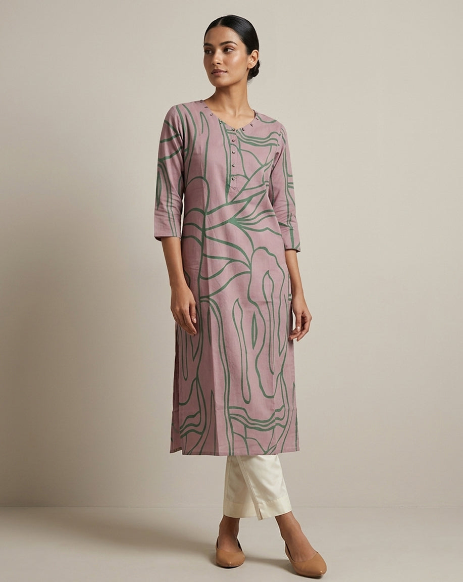 Mauve &amp; Olive Green Abstract Line Art Straight Kurti