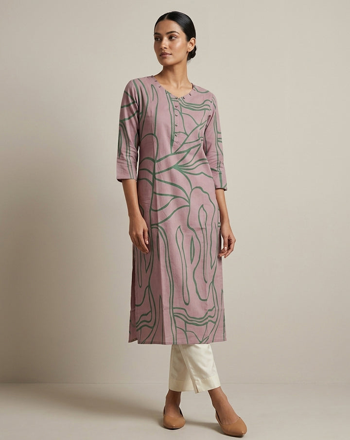 Mauve &amp; Olive Green Abstract Line Art Straight Kurti