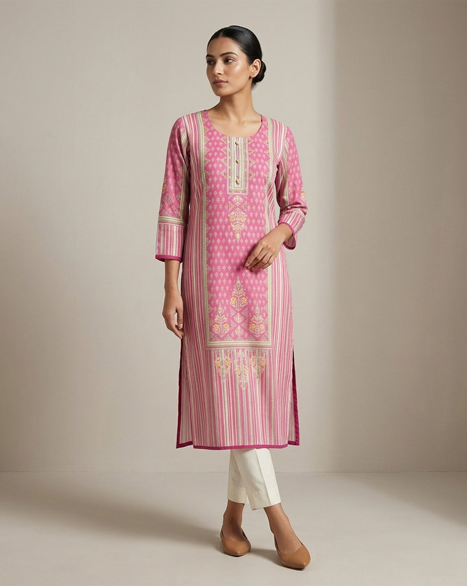 Pink "Vibrant" Floral Striped Cotton Straight Kurta