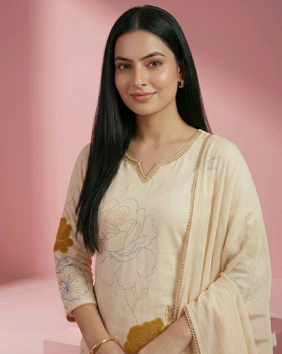 Cream Gold Rose Floral V-Neck Straight Kurta Set