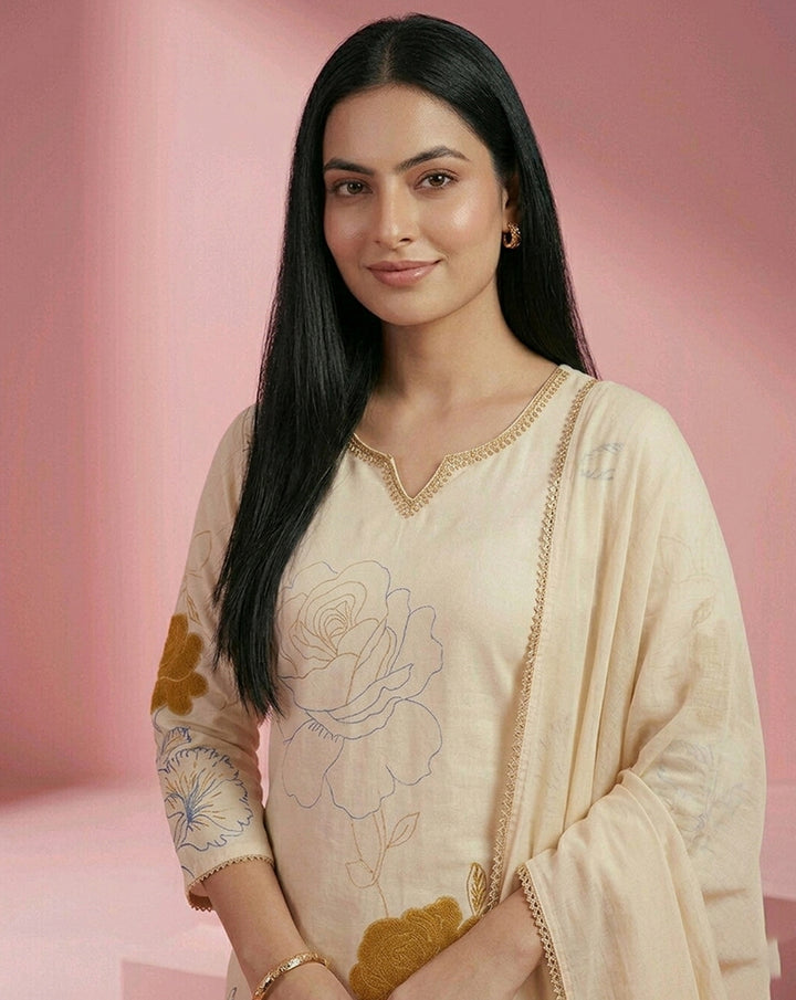 Cream Gold Rose Floral V-Neck Straight Kurta Set