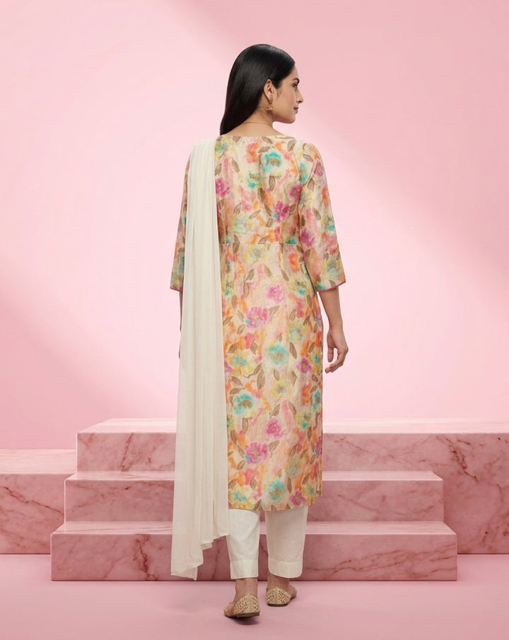 Multicolor Floral "Blossom" Print Chanderi Kurta Set with Off-White Dupatta