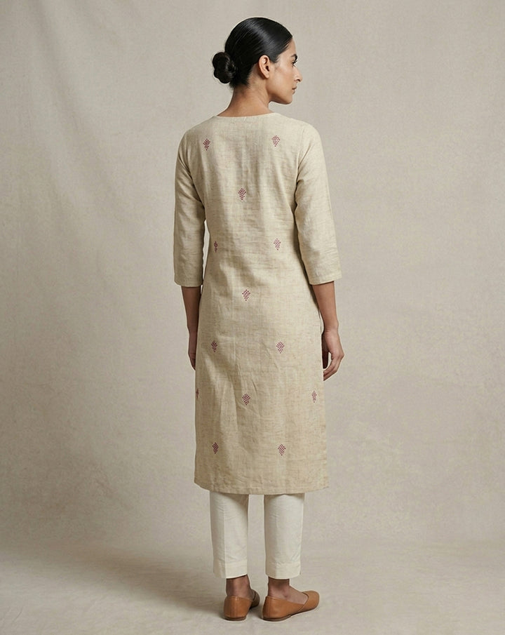 Beige Slub Cotton Embroidered Straight Kurti