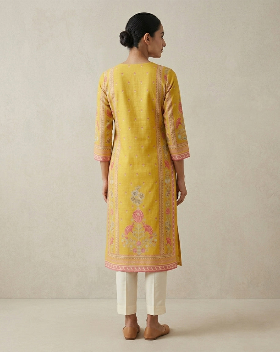 Yellow "Radiant" Floral Print Cotton Straight Kurta