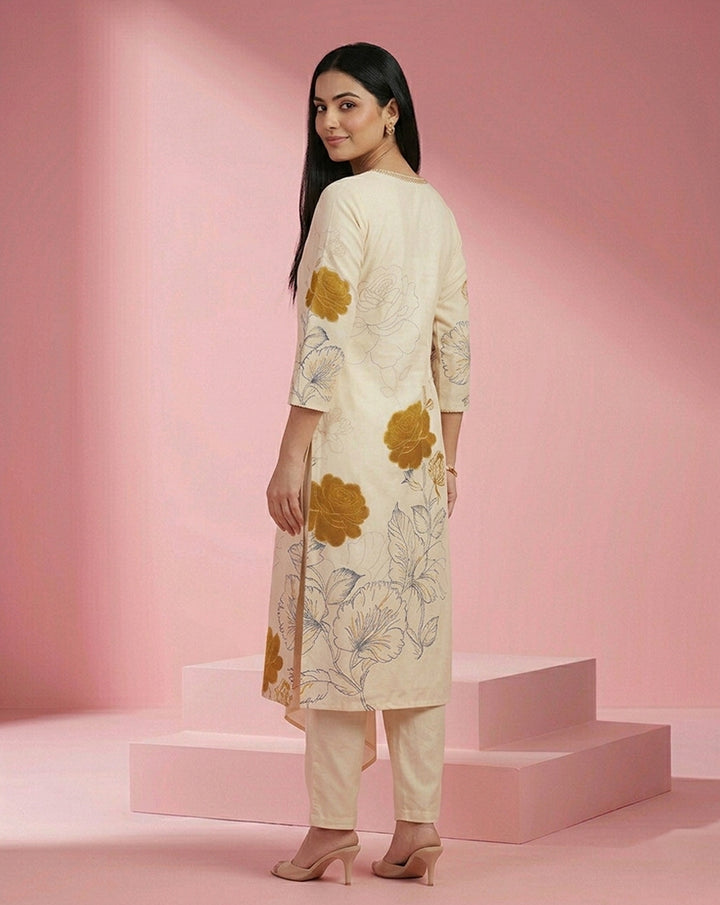 Cream Gold Rose Floral V-Neck Straight Kurta Set