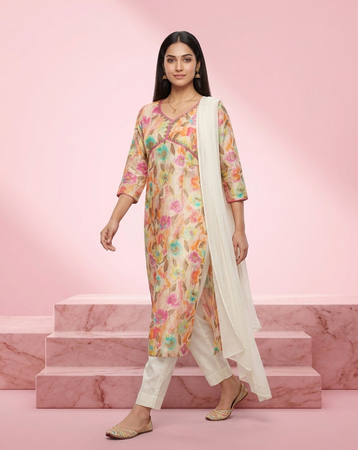Multicolor Floral "Blossom" Print Chanderi Kurta Set with Off-White Dupatta