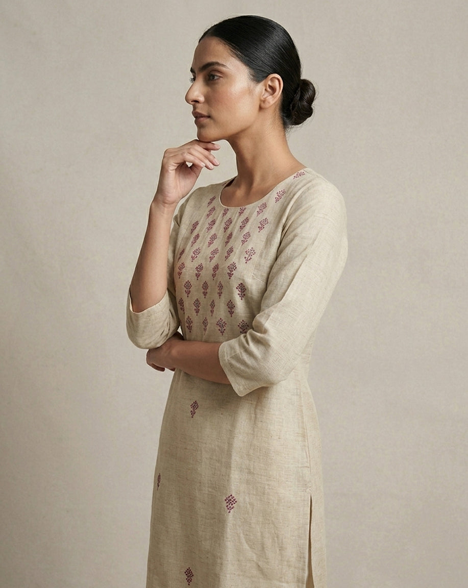 Beige Slub Cotton Embroidered Straight Kurti