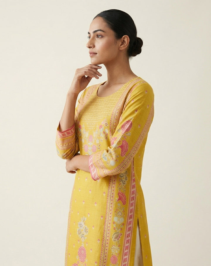 Yellow "Radiant" Floral Print Cotton Straight Kurta